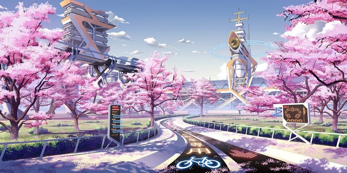 Futuristic cityscape with cherry blossoms in spring