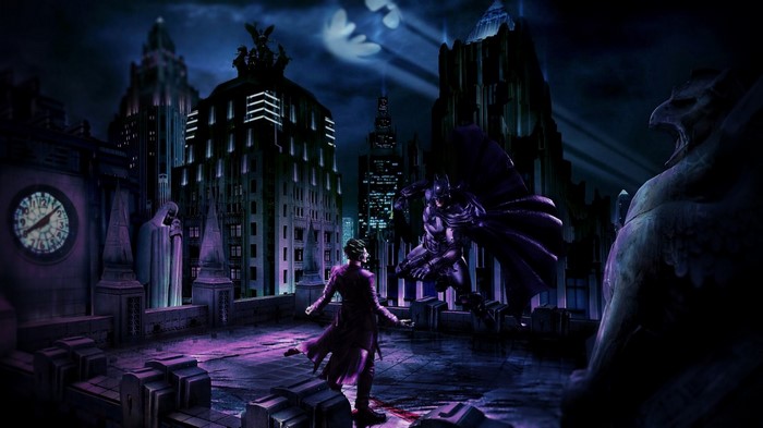 Batman and Joker on a Gotham rooftop at midnight