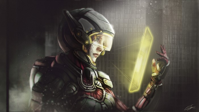 Futuristic soldier interacting with holographic display