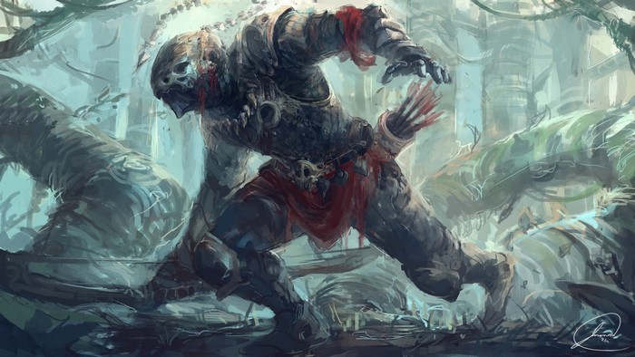 Armored warrior with arrows in a jungle
