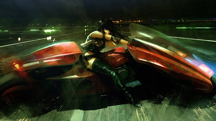 Woman on a futuristic motorcycle at night
