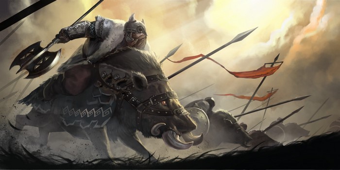 Fantasy warrior riding a boar into battle