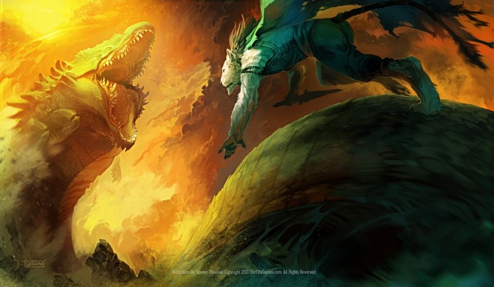 Fantasy art of a dragon fighting a winged creature