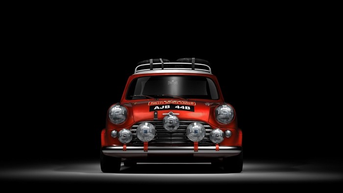 Red Mini Cooper Rally Car with Spotlights