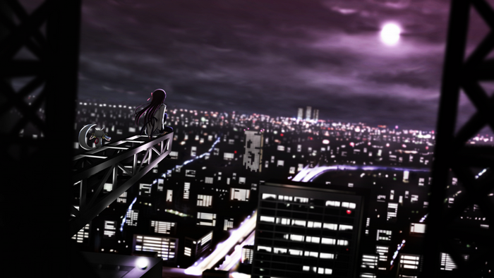Anime girl on a rooftop overlooking a city at night