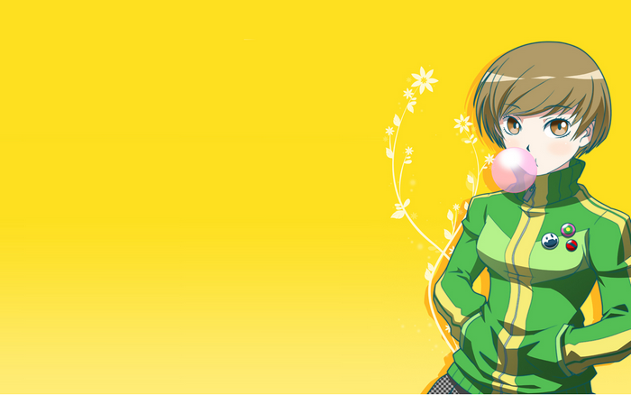 Chie Satonaka from Persona 4 blowing bubblegum