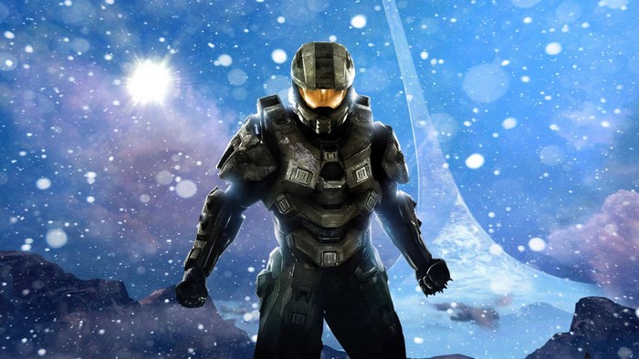 Master Chief from Halo in a snowy environment