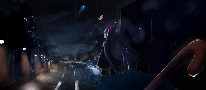 Hatsune Miku performing on a rainy midnight highway