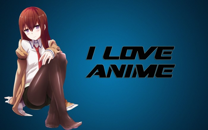 Kurisu Makise from Steins;Gate with text I LOVE ANIME