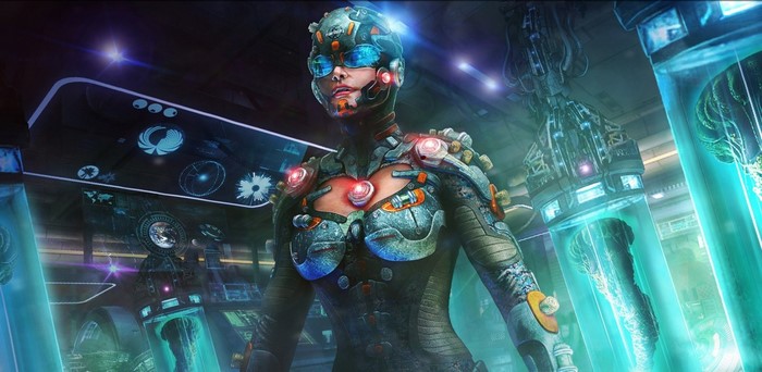 Futuristic woman in cybernetic suit in laboratory