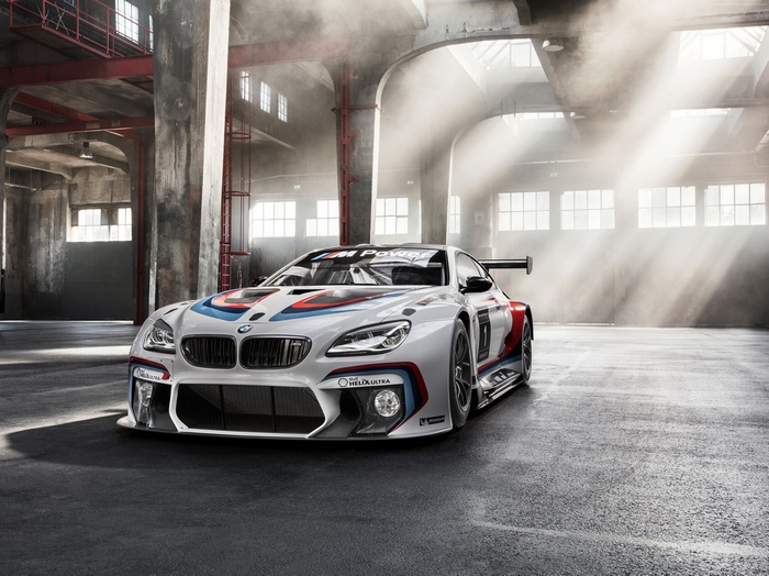 BMW M6 GT3 race car in a warehouse