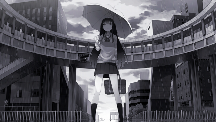 Anime schoolgirl with umbrella in a rainy city