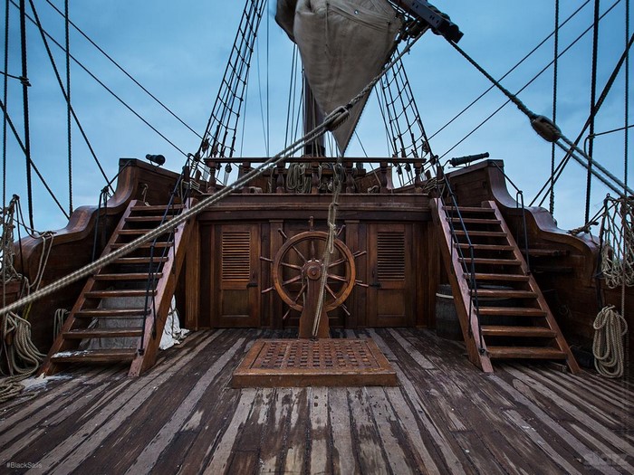 Deck of a wooden pirate ship from Black Sails