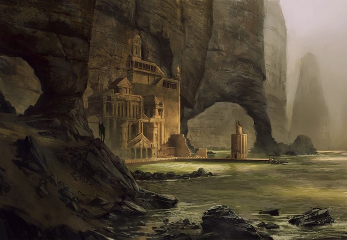 Fantasy cliffside settlement with a warrior