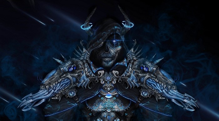 Fantasy art of a skeletal warrior with ornate armor