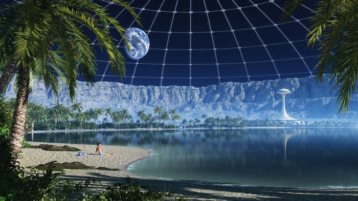 Futuristic dome with Earth view and beach