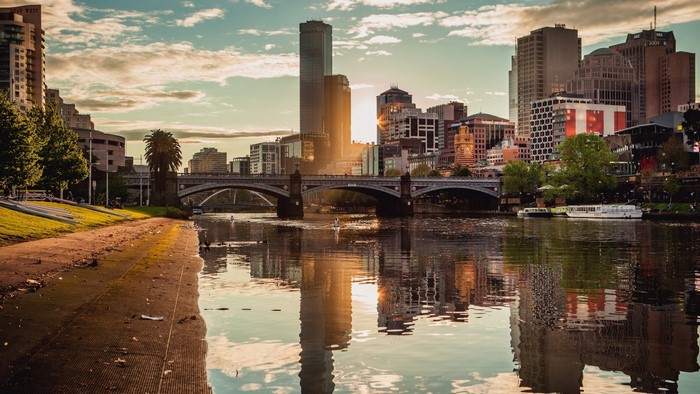 Melbourne cityscape with Yarra River at sunset