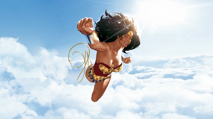 Wonder Woman flying through clouds by Adam Hughes
