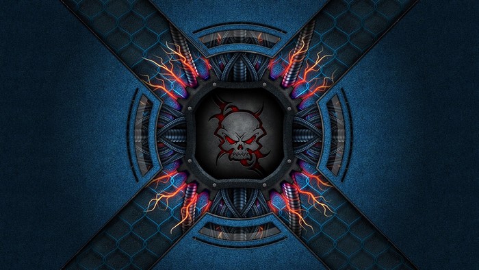 Digital art of a mechanical skull with electrical energy