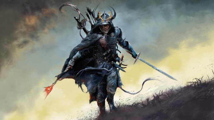Fantasy warrior in armor with sword and staff