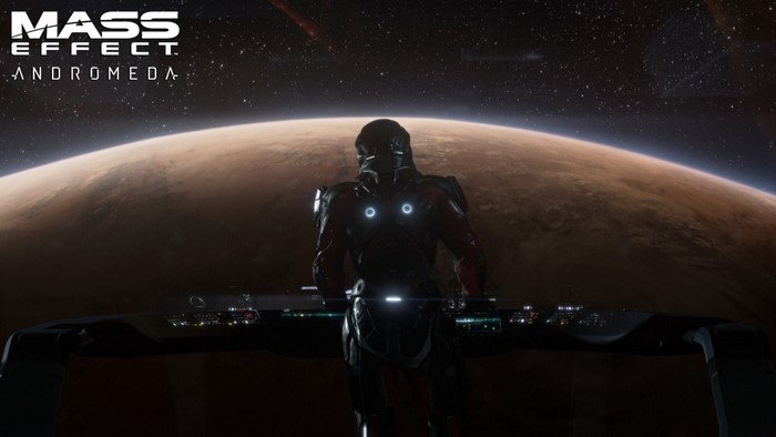 Mass Effect Andromeda logo with a character in space