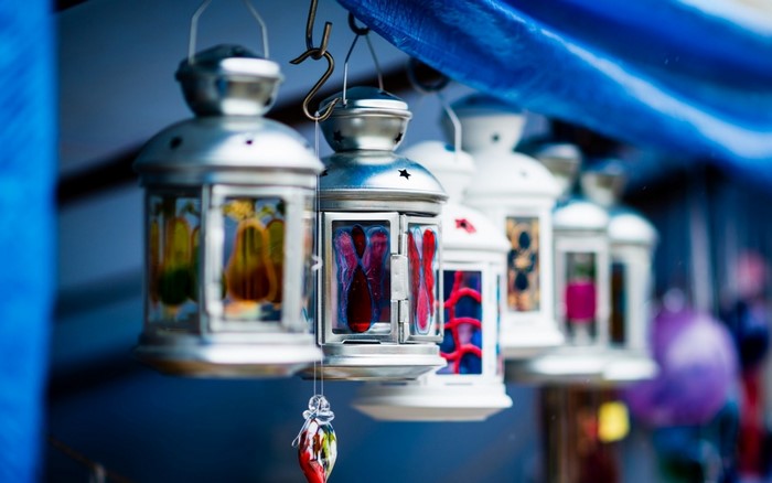 Hanging lanterns with colorful glass panels