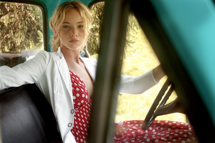 Jennifer Lawrence in a red polka dot dress
