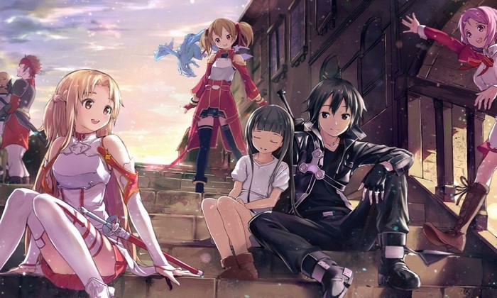 Sword Art Online characters on stairs at sunset