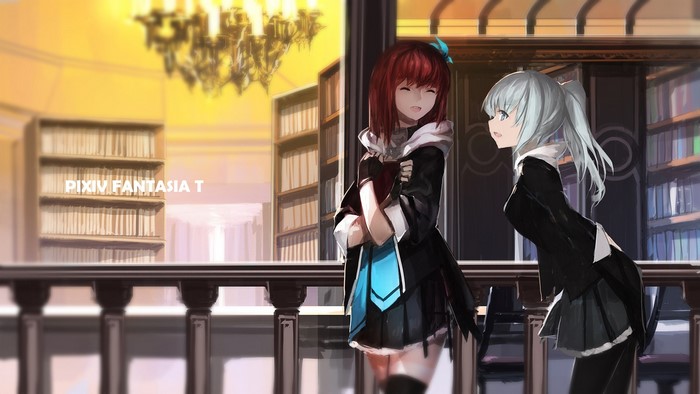 Two anime girls in a library with bookshelves
