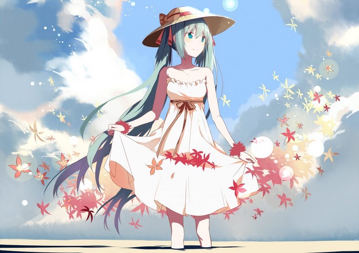 Hatsune Miku in a white dress with a straw hat