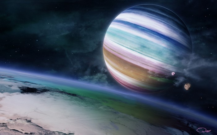 Digital art of a gas giant planet and moons in space