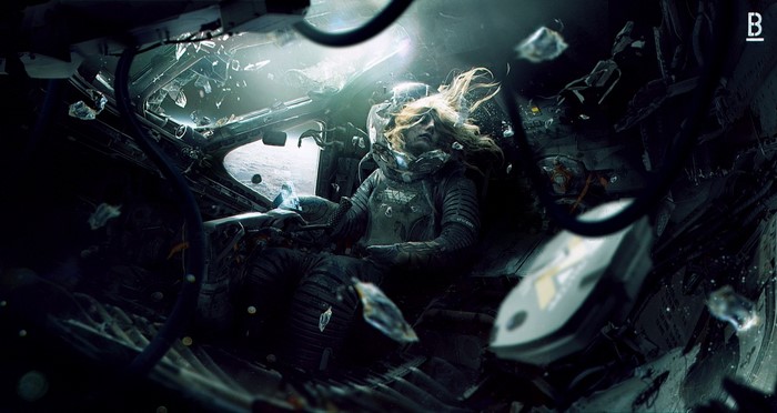 Astronaut in a damaged spaceship cockpit