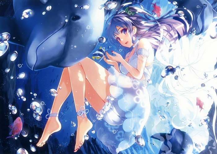 Anime girl with dolphin and fish underwater