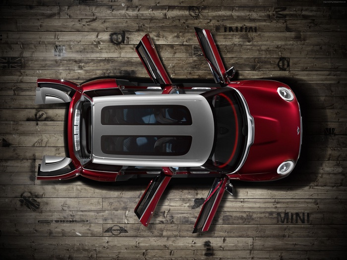 MINI Clubman estate with doors open on wooden floor