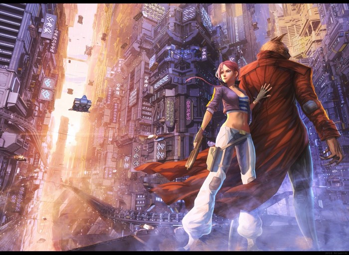 Futuristic city with two characters, digital art