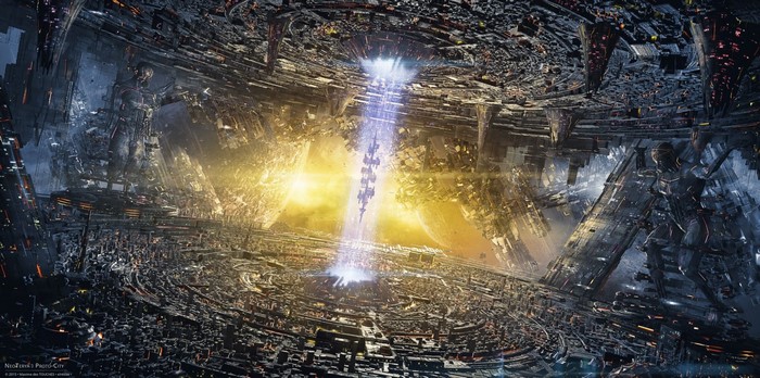 Futuristic city with a beam of light