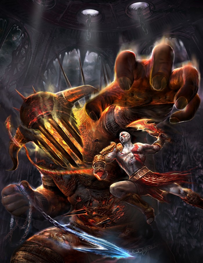Kratos fighting a giant fiery creature in God of War