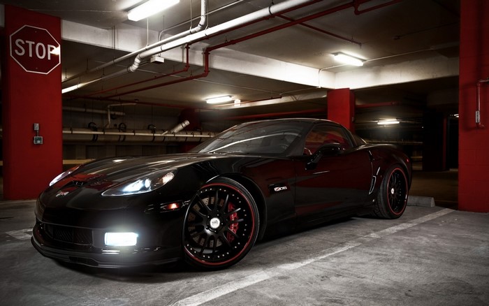 Black Chevrolet Corvette Z06 in Parking Garage