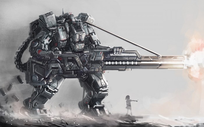Futuristic Mecha Robot with Heavy Firearm