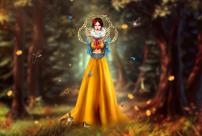 Snow White holding an apple in a forest with birds and butterflies