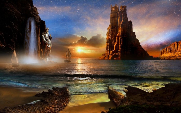 Fantasy landscape with statue, waterfall, castle, and sailboats at sunset