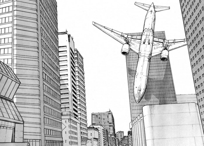 Airplane flying between skyscrapers in a city
