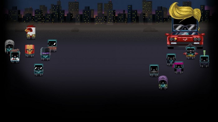 Pixelated characters and a car with a person on a city background