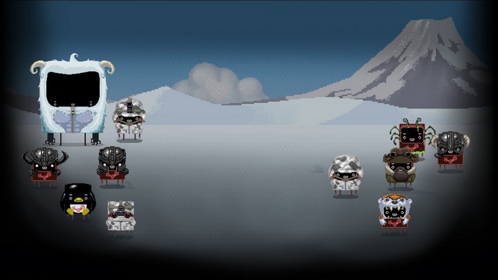 Steam characters in a snowy landscape with a mountain