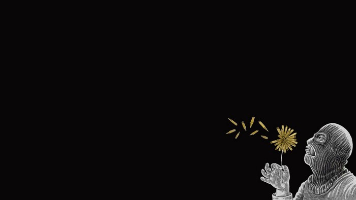 Person in ski mask blowing bullets like a dandelion