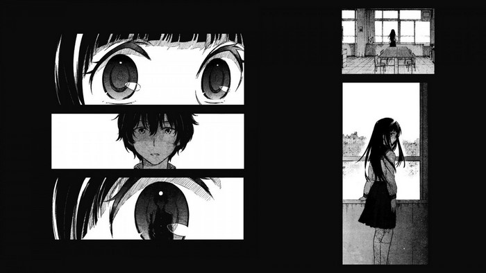 Manga panels featuring eyes and faces, and a girl by the window