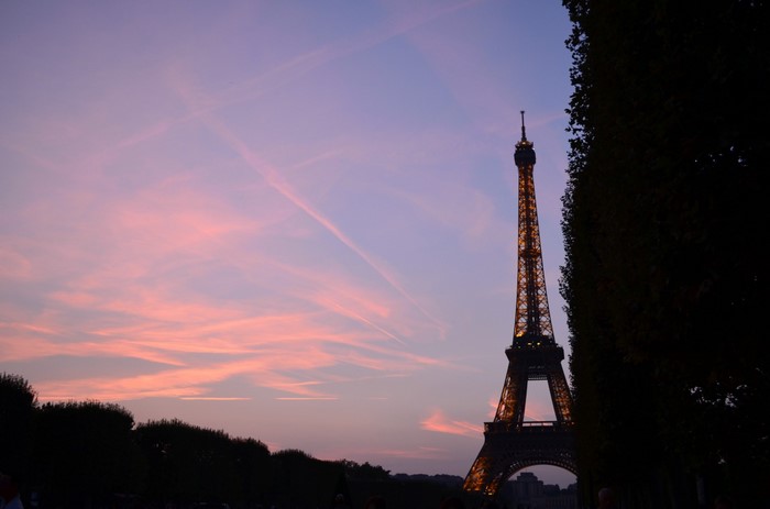 Eiffel Tower at sunset with pink clouds