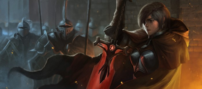 Fantasy warrior with sword and knights