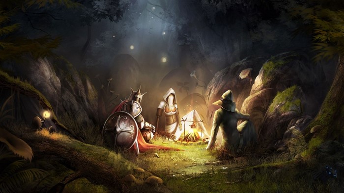 Three fantasy characters camping in a dark forest