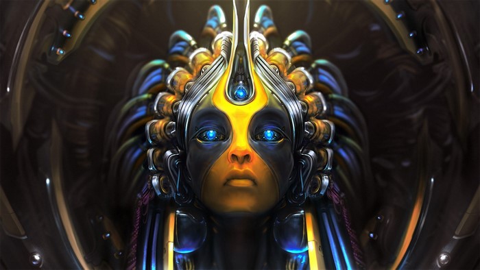 Futuristic cyborg with blue eyes and ornate headdress